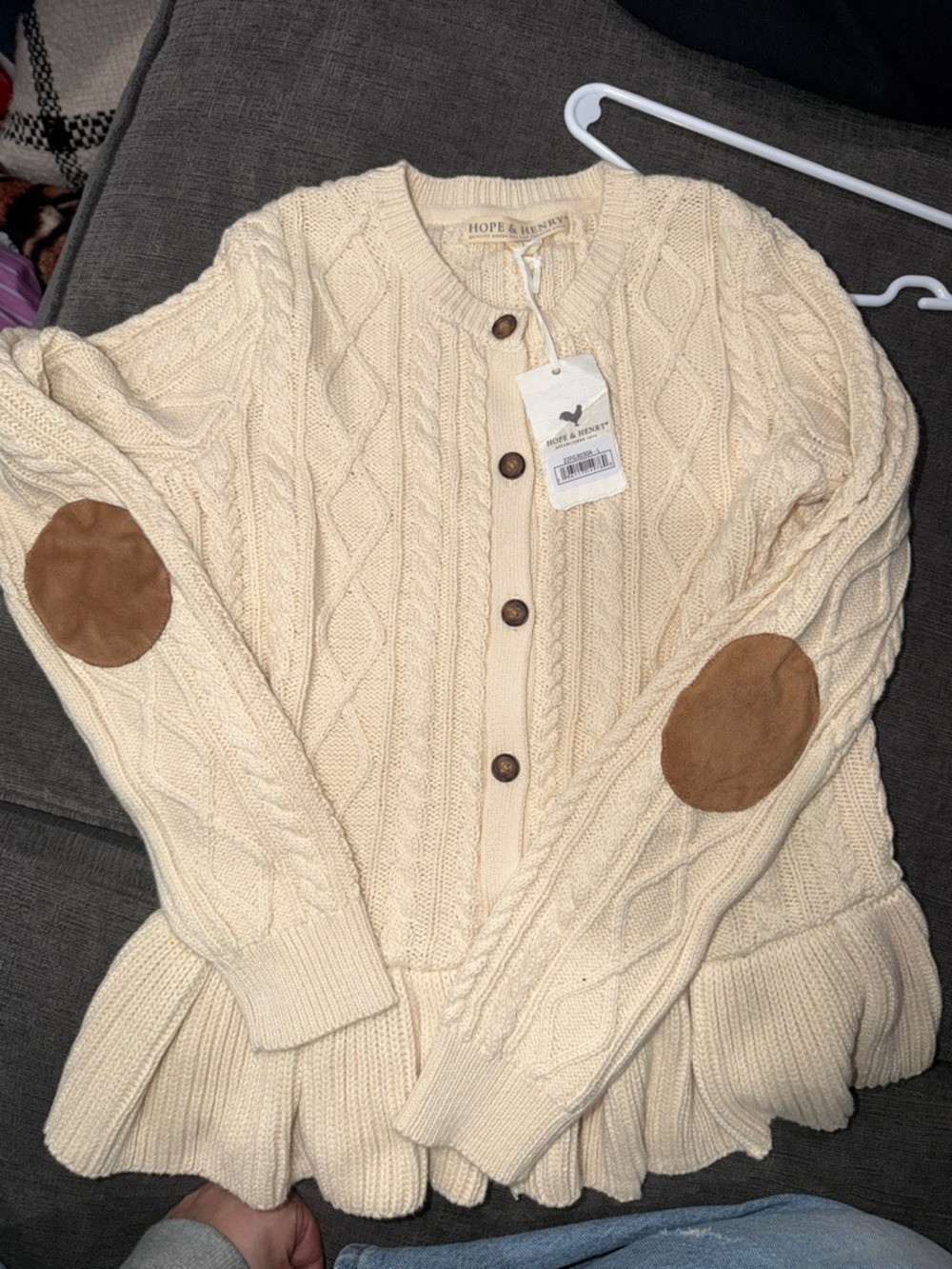 Hope & Henry Cream Cable-Knit Cardigan with Brown Elbow Patches